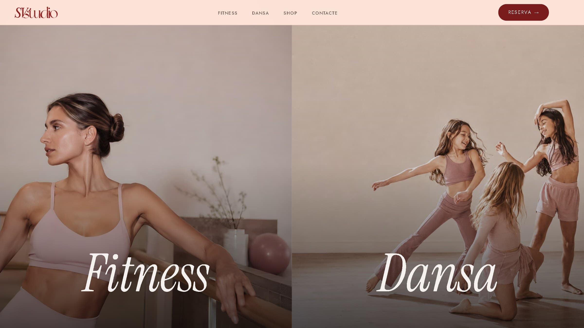 Captura del web de SV Studio, estudi de fitness i dansa, amb la pàgina d'inici i les seccions Fitness i Dansa